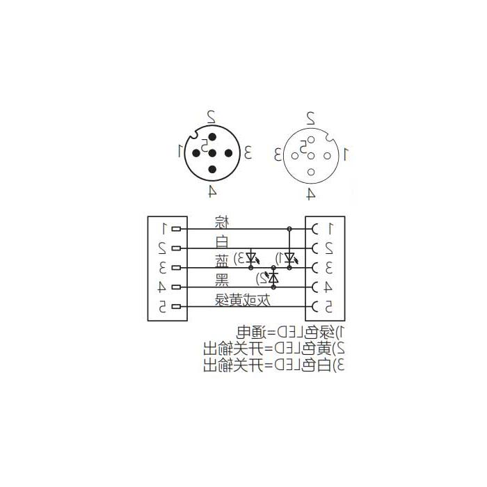 M12 5Pin、母头90°带LED灯转公头直型、双端预铸PVC非柔性电缆、灰色护套、64D363-XXX