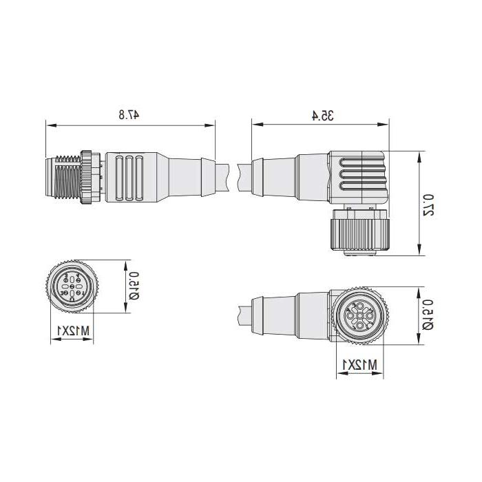 M12 3Pin、母头90°带LED灯转公头直型、双端预铸PVC非柔性电缆、灰色护套、64D163-XXX