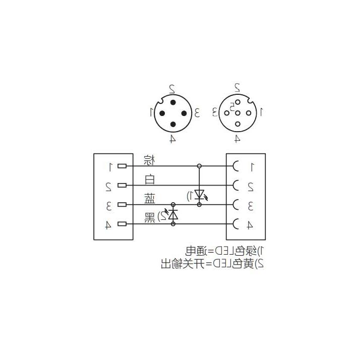 M12 4Pin、母头直型 带LED灯转公头直型、双端预铸PUR柔性电缆、黑色护套、64D201-XXX