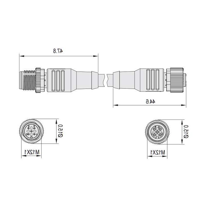 M12 4Pin、母头直型 带LED灯转公头直型、双端预铸PUR柔性电缆、黑色护套、64D201-XXX